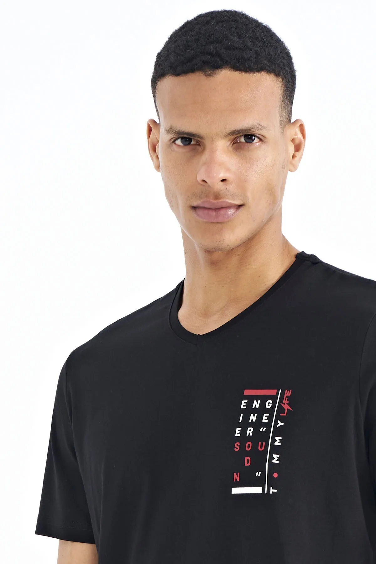 baski detayli v yaka standart kalip erkek t-shirt - 88186