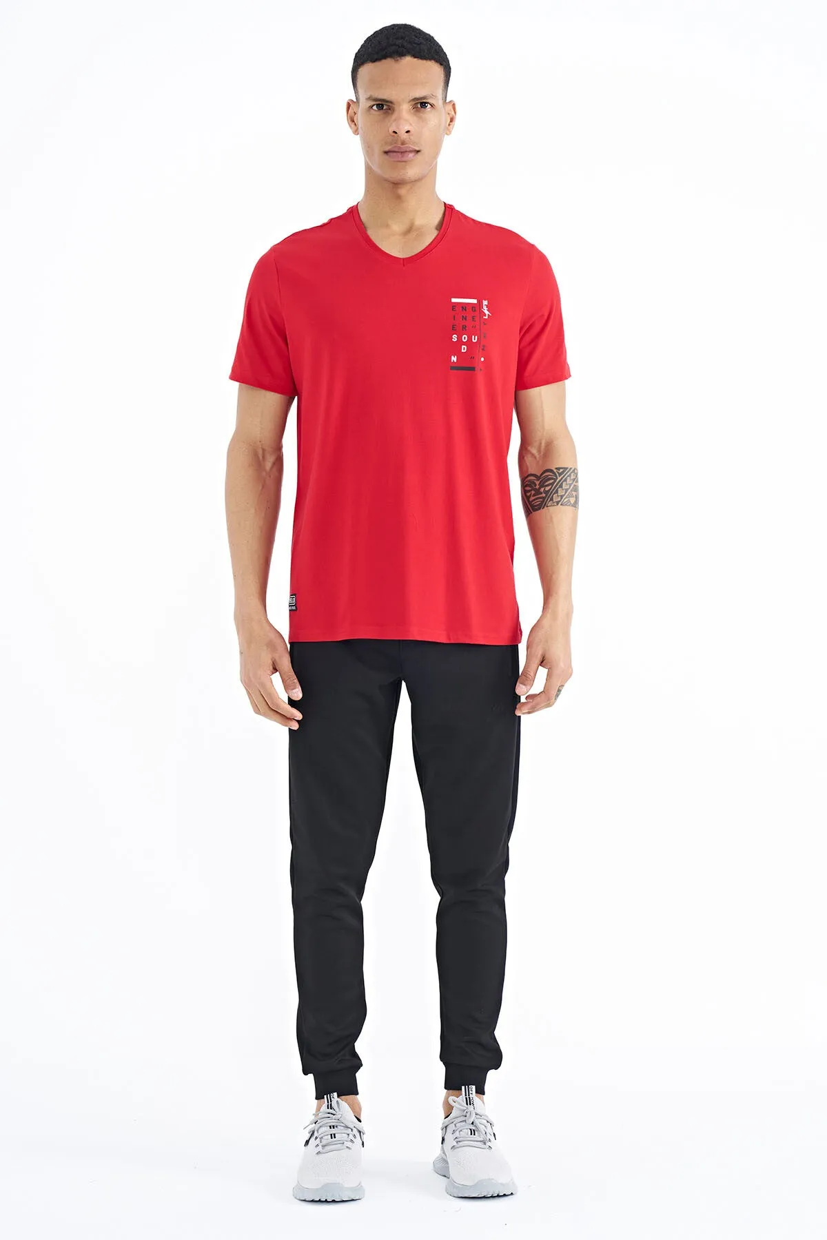 baski detayli v yaka standart kalip erkek t-shirt - 88186