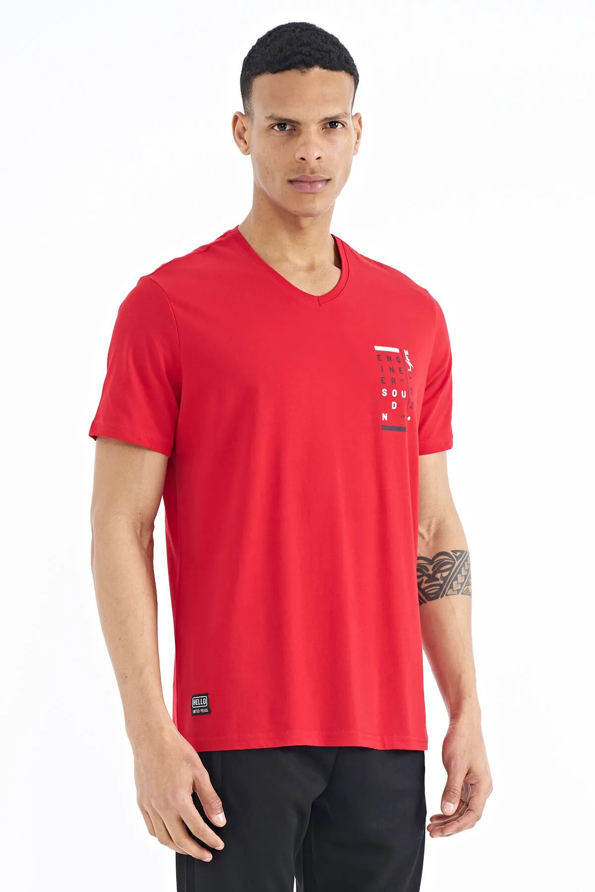 baski detayli v yaka standart kalip erkek t-shirt - 88186