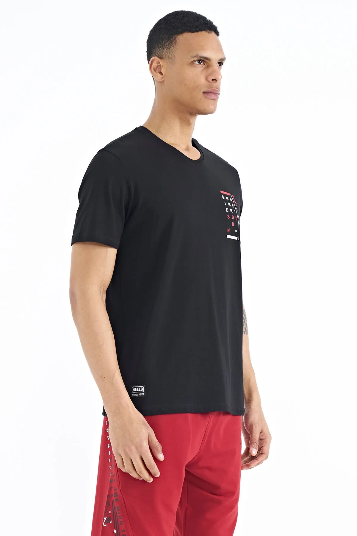 baski detayli v yaka standart kalip erkek t-shirt - 88186