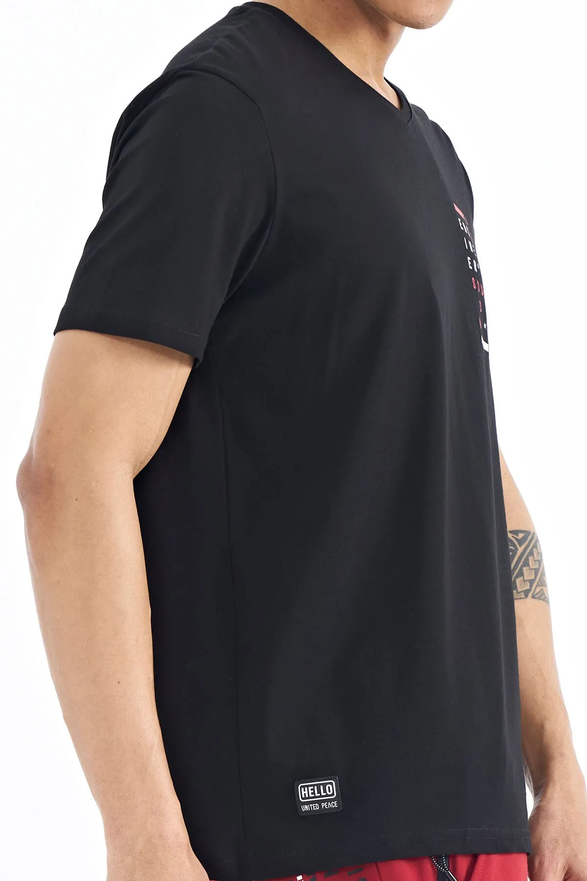 baski detayli v yaka standart kalip erkek t-shirt - 88186