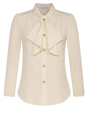 Belle Poque Women’s Long Sleeve Shirt Office Button Down Blouse Vintage Textured Collared Work Tops with Bow Tie, Apricot, S
