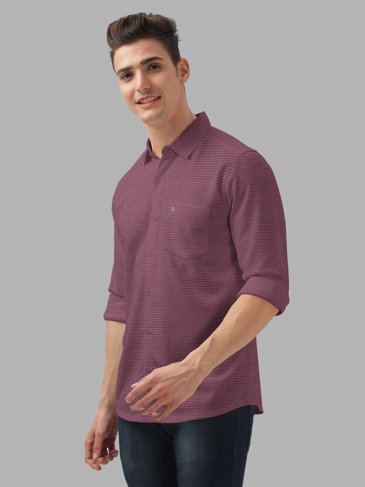 BULLMER Purple Trendy Regular Fit Textured Solid Fabric Causal Crochet Shirt For Men