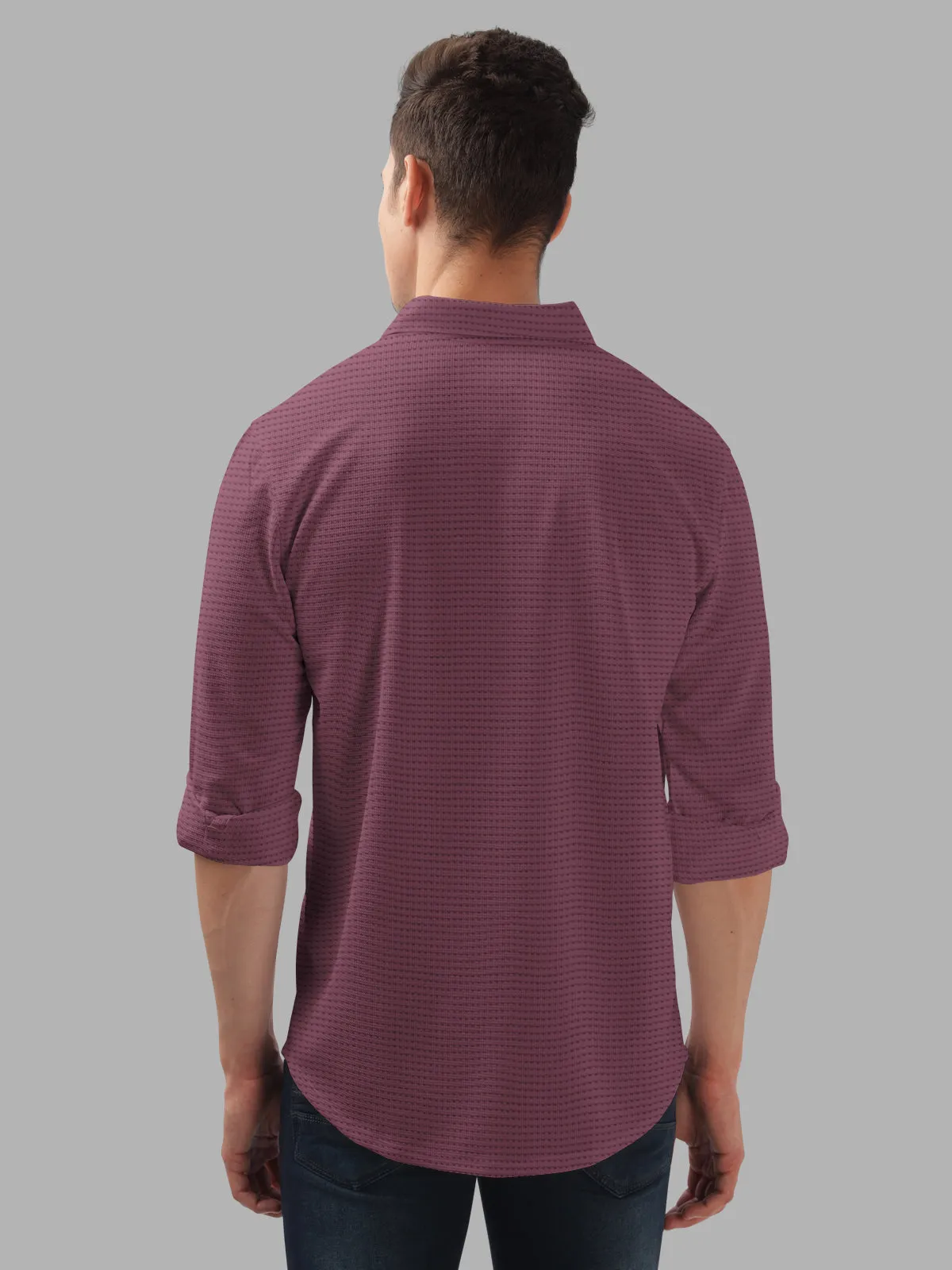 BULLMER Purple Trendy Regular Fit Textured Solid Fabric Causal Crochet Shirt For Men