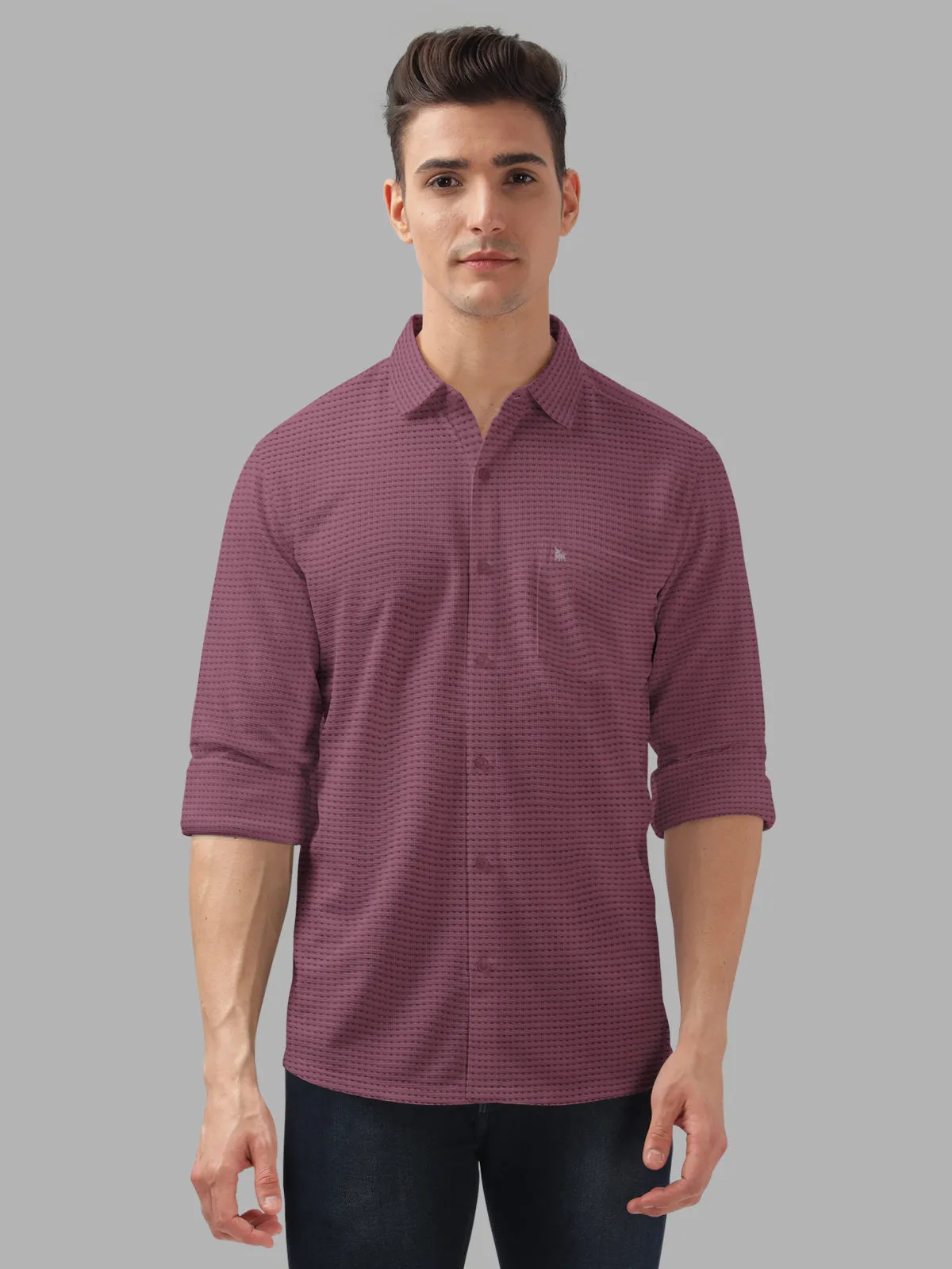 BULLMER Purple Trendy Regular Fit Textured Solid Fabric Causal Crochet Shirt For Men