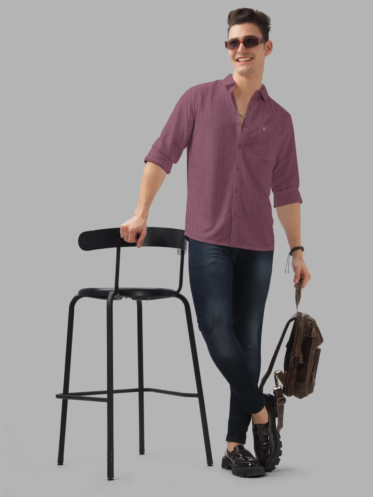 BULLMER Purple Trendy Regular Fit Textured Solid Fabric Causal Crochet Shirt For Men