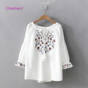 CHESHANF Bohemian Style Floral Embroidery Puff Sleeve Blouse