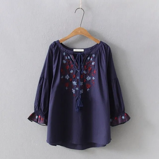 CHESHANF Bohemian Style Floral Embroidery Puff Sleeve Blouse
