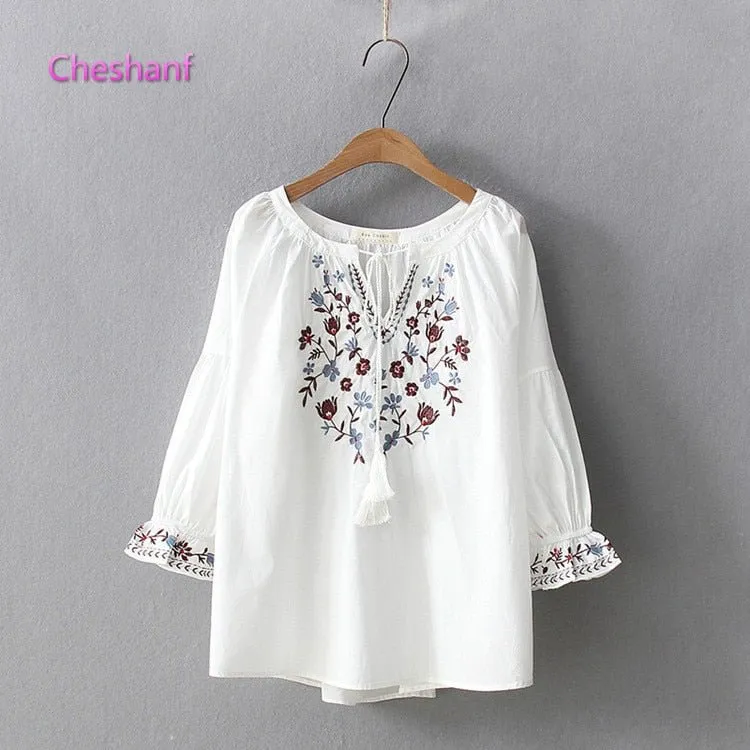 CHESHANF Bohemian Style Floral Embroidery Puff Sleeve Blouse