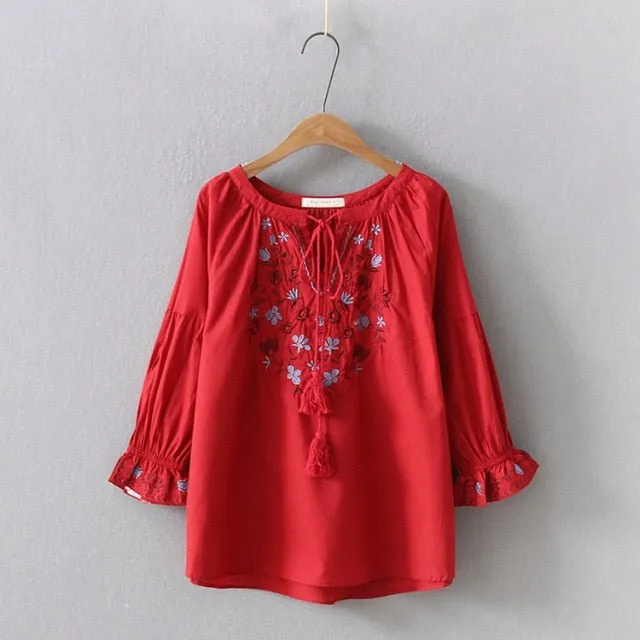 CHESHANF Bohemian Style Floral Embroidery Puff Sleeve Blouse