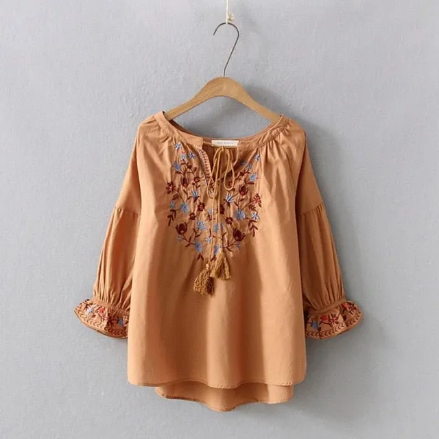 CHESHANF Bohemian Style Floral Embroidery Puff Sleeve Blouse