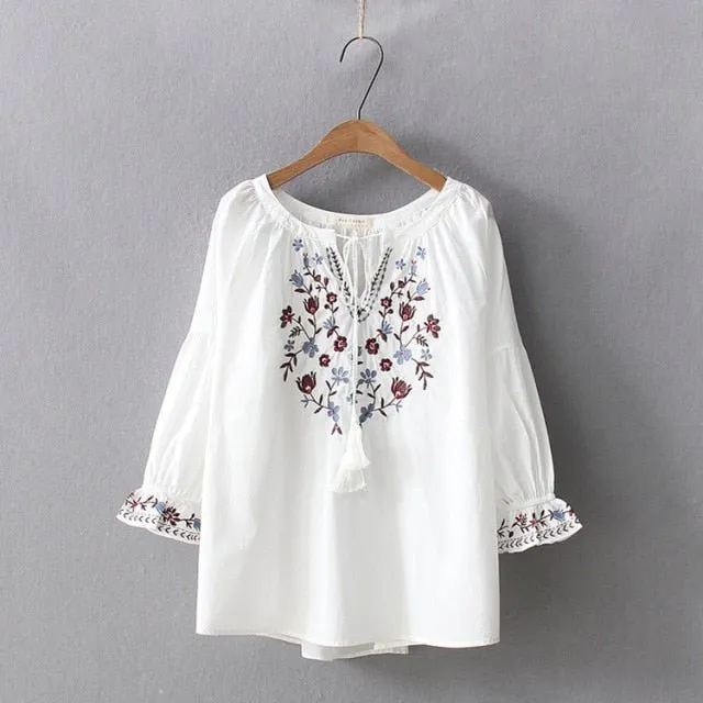 CHESHANF Bohemian Style Floral Embroidery Puff Sleeve Blouse