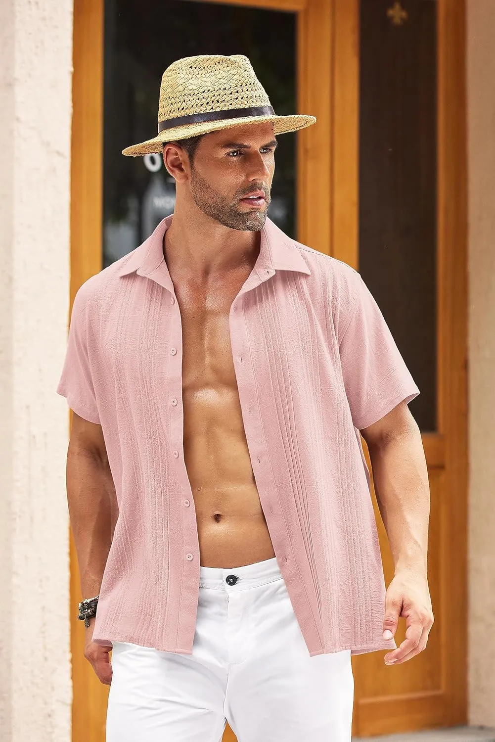 COOFANDY Men's Cuban Linen Shirt Short Sleeve Summer Beach Guayabera Shirts