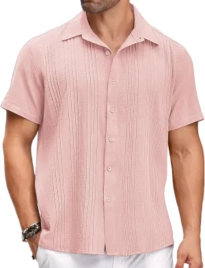 COOFANDY Men's Cuban Linen Shirt Short Sleeve Summer Beach Guayabera Shirts