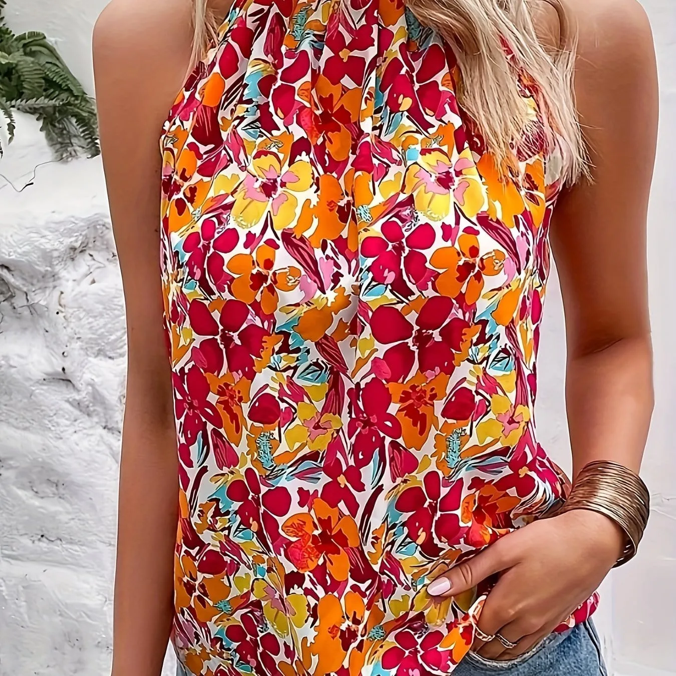 Elegant Floral Halter Neck Top  Summer Chic