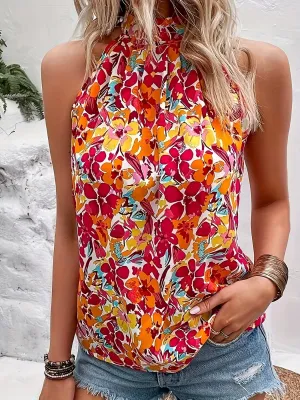 Elegant Floral Halter Neck Top  Summer Chic