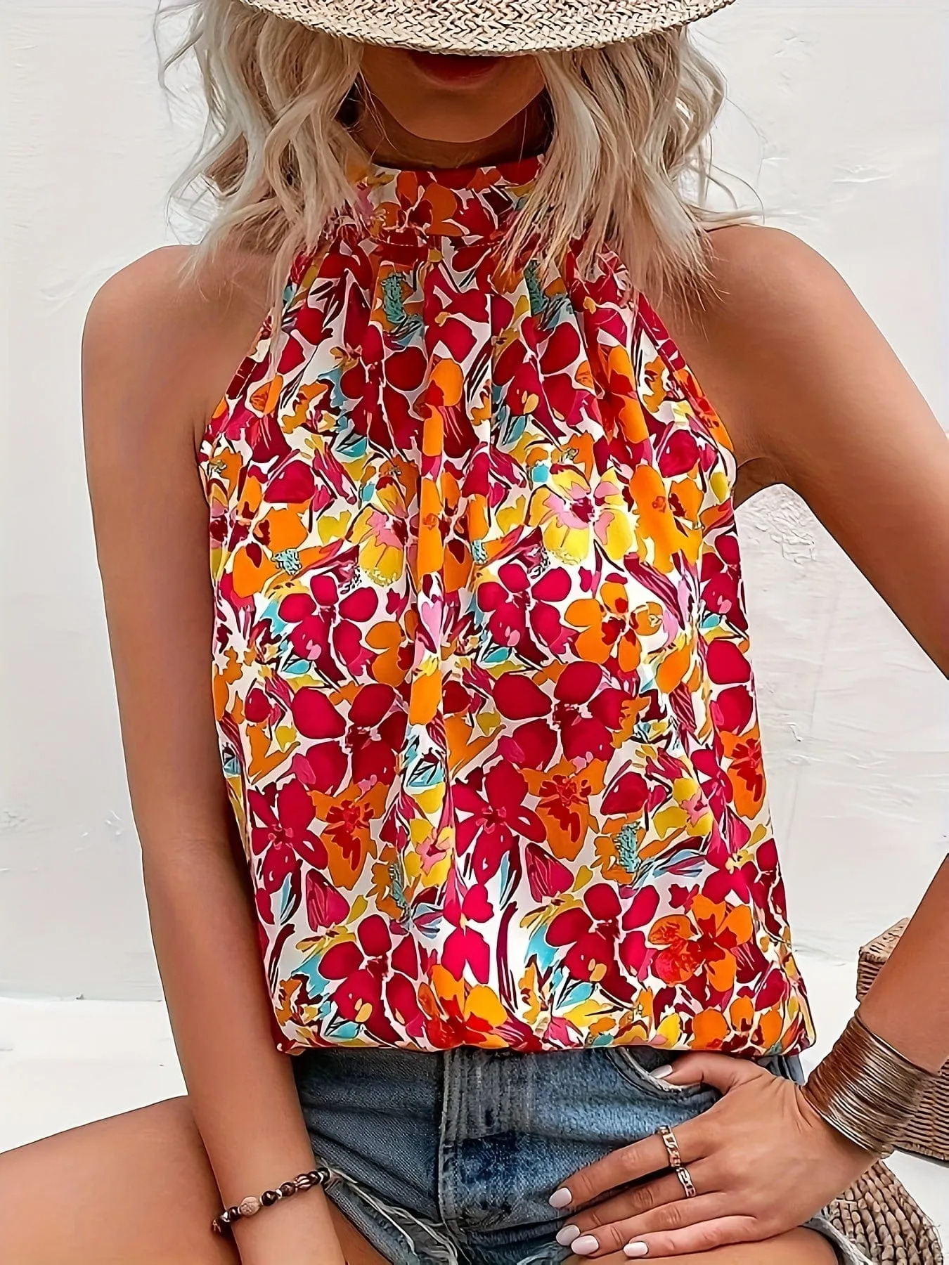 Elegant Floral Halter Neck Top  Summer Chic