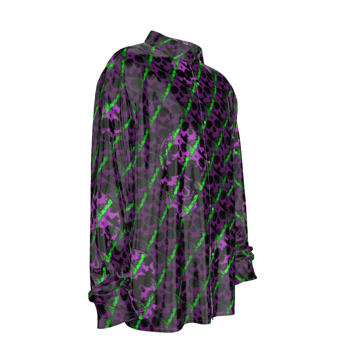 Green/pur skull print Men's Imitation Silk Long-Sleeved Shirt