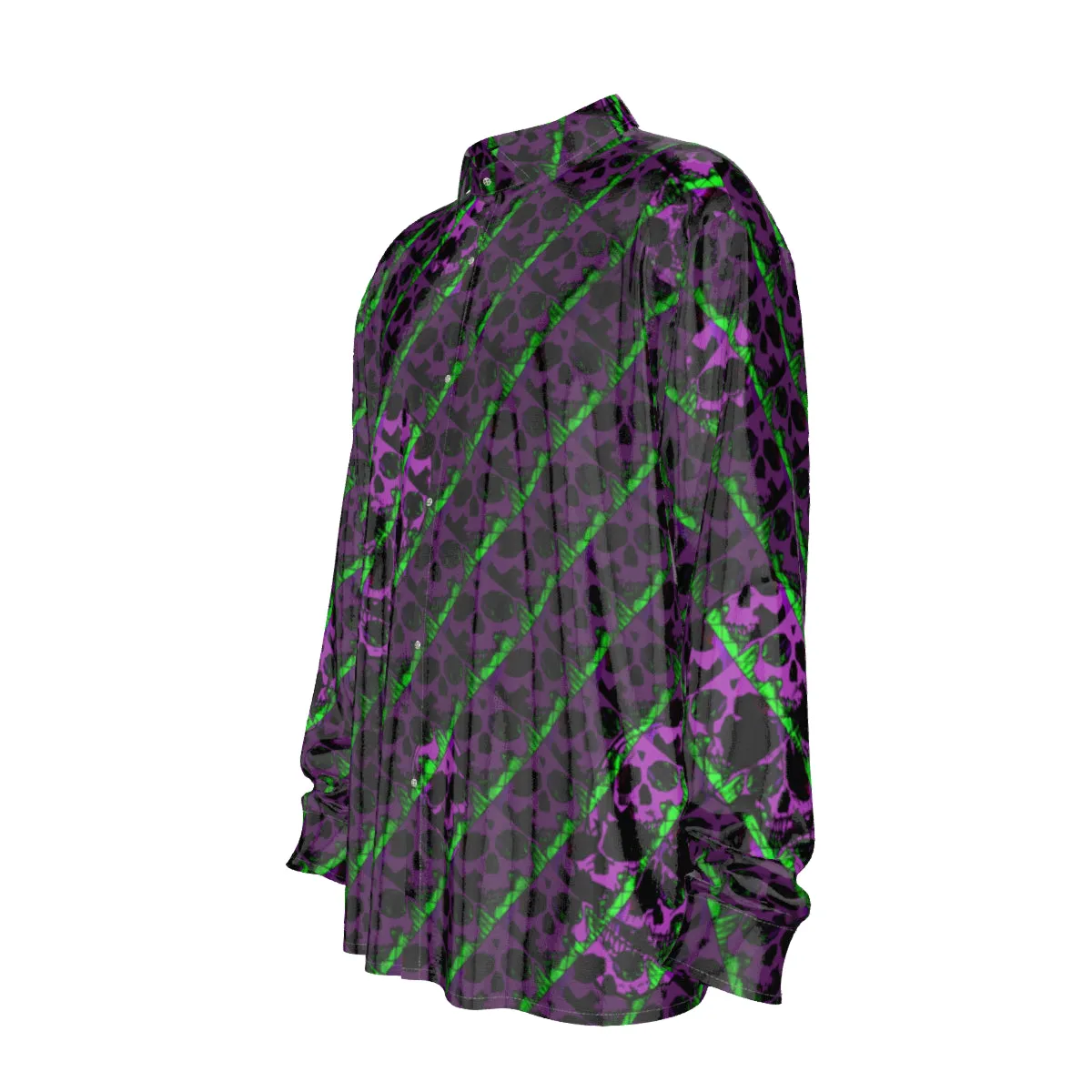 Green/pur skull print Men's Imitation Silk Long-Sleeved Shirt