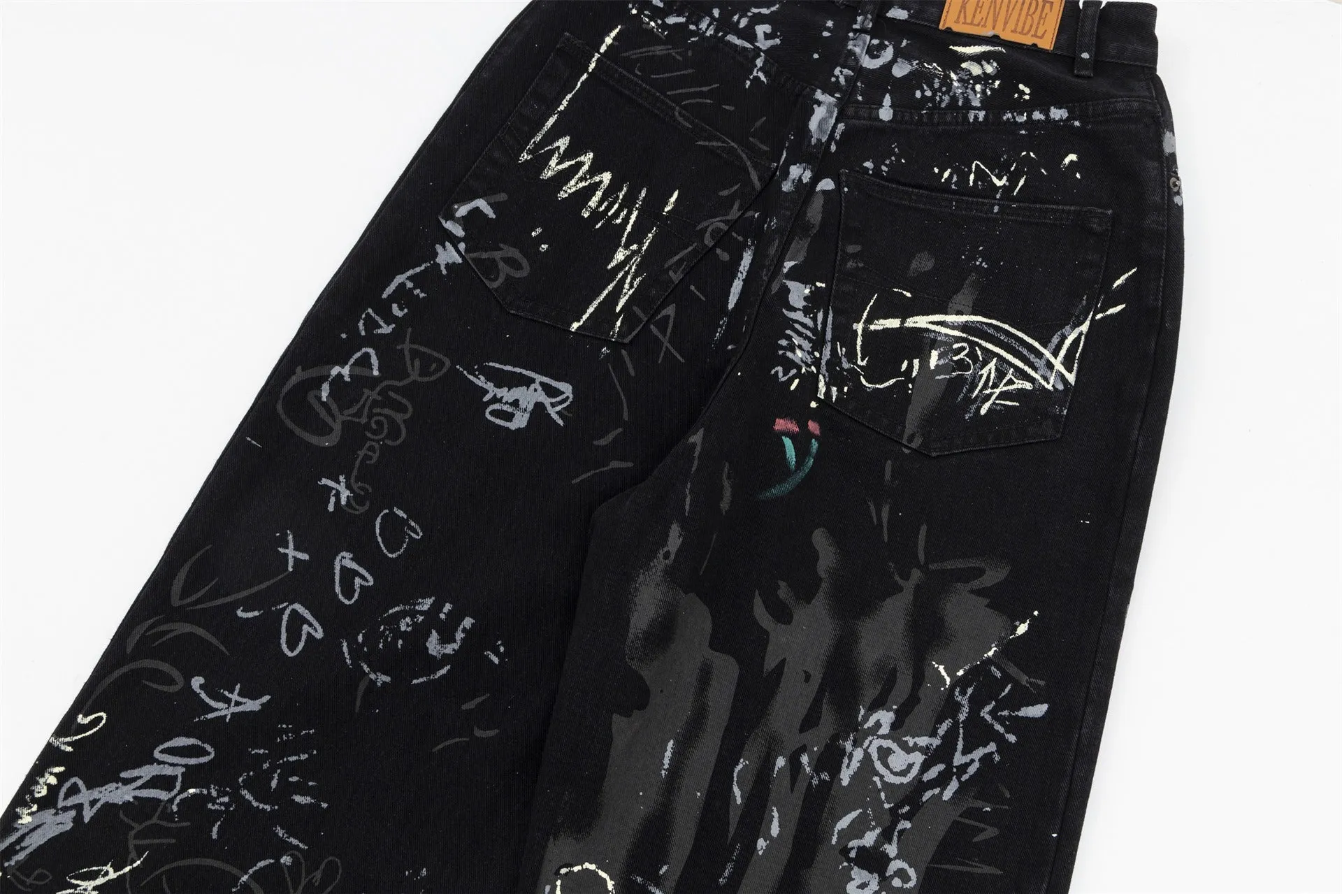 High-Waist Printed Wide-Leg Jeans - Chic Streetwear for Women