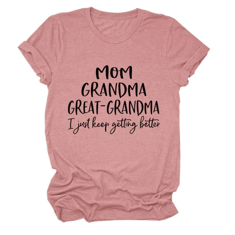 Loose Short Sleeve MOM GRANDMA GREAT Letter Print Crew Neck T-Shirt