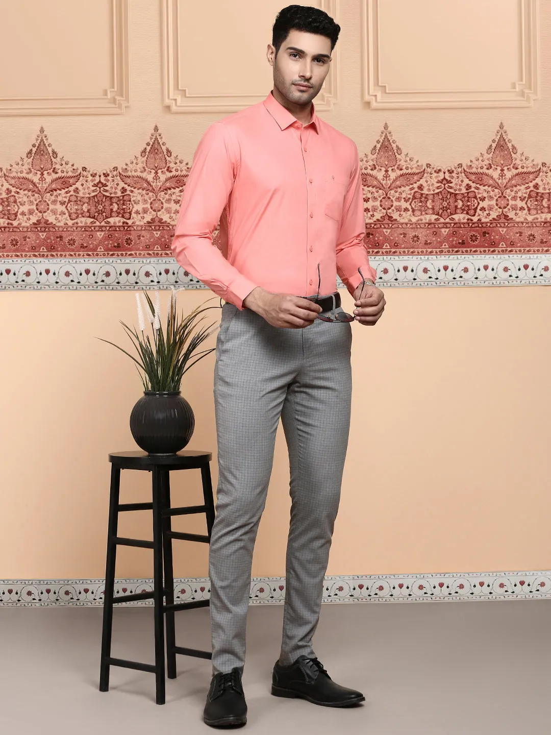 Men Cotton Spandex Shirt 2 Way Stretch Light Pink LY9