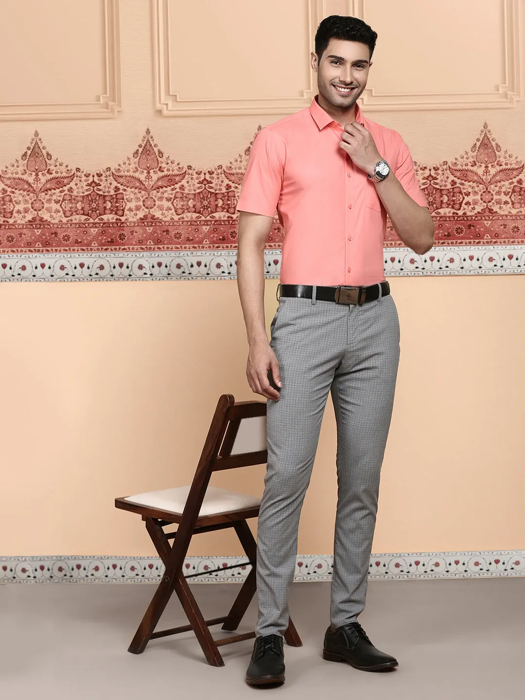 Men Cotton Spandex Shirt 2 Way Stretch Light Pink LY9