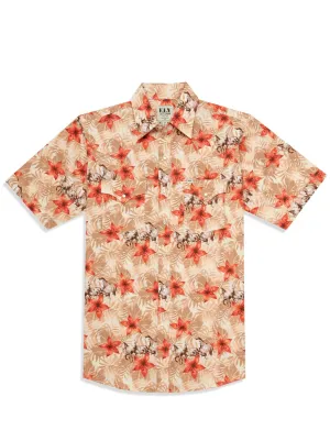 Men's Ely Cattleman Short Sleeve Hawaiian Horse Print Western Snap Shirt- Tan & Ecru
