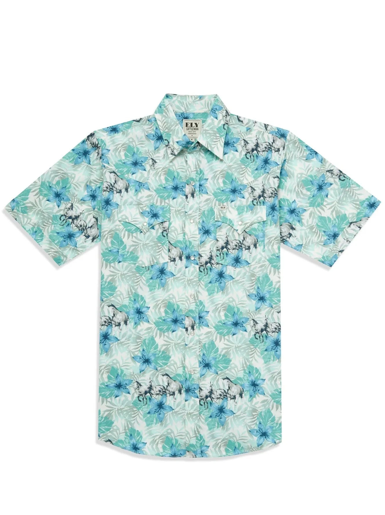 Men's Ely Cattleman Short Sleeve Hawaiian Horse Print Western Snap Shirt- Tan & Ecru