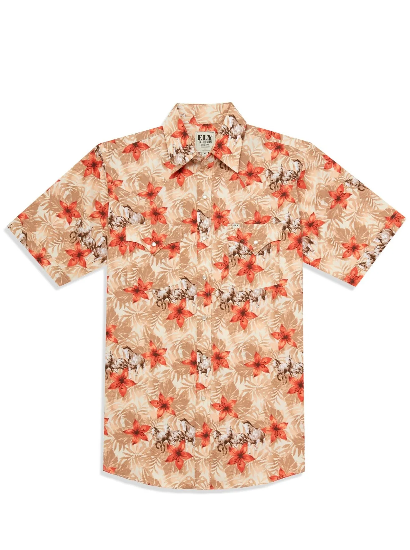 Men's Ely Cattleman Short Sleeve Hawaiian Horse Print Western Snap Shirt- Tan & Ecru