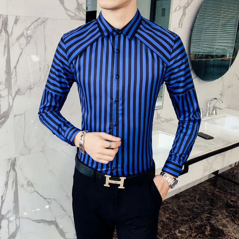 Modern Patched Shoulder with Black Stripes Men Long Sleeves Shirt