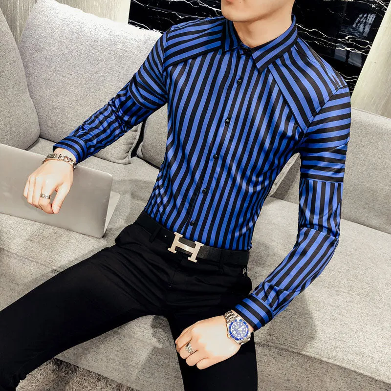 Modern Patched Shoulder with Black Stripes Men Long Sleeves Shirt