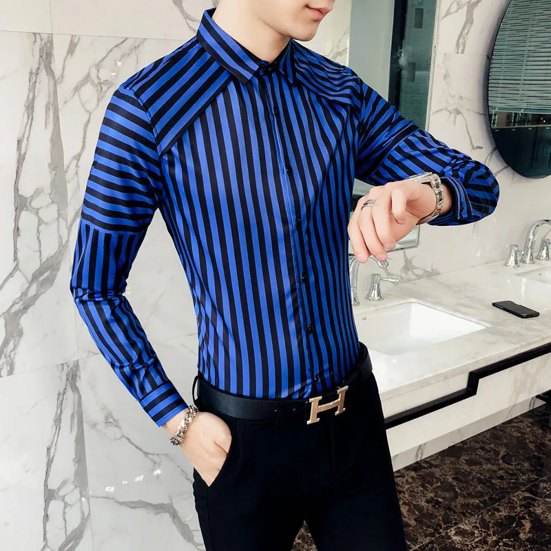 Modern Patched Shoulder with Black Stripes Men Long Sleeves Shirt