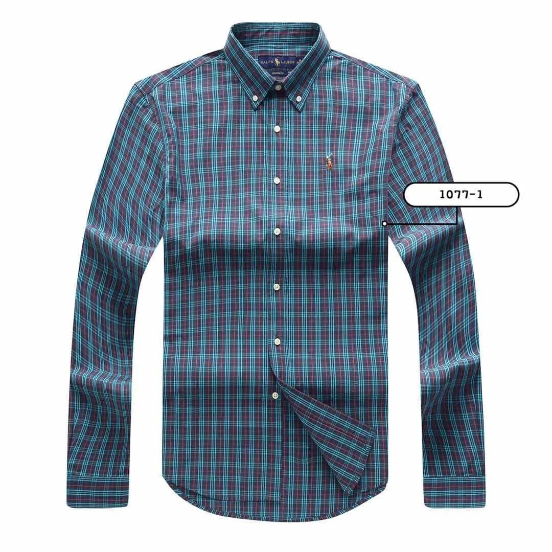 PRL Men's Stripped Designed Cotton Logo Embroidered Blue Button Down Long Sleeve Shirt