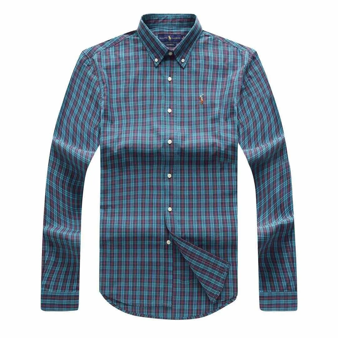 PRL Men's Stripped Designed Cotton Logo Embroidered Blue Button Down Long Sleeve Shirt