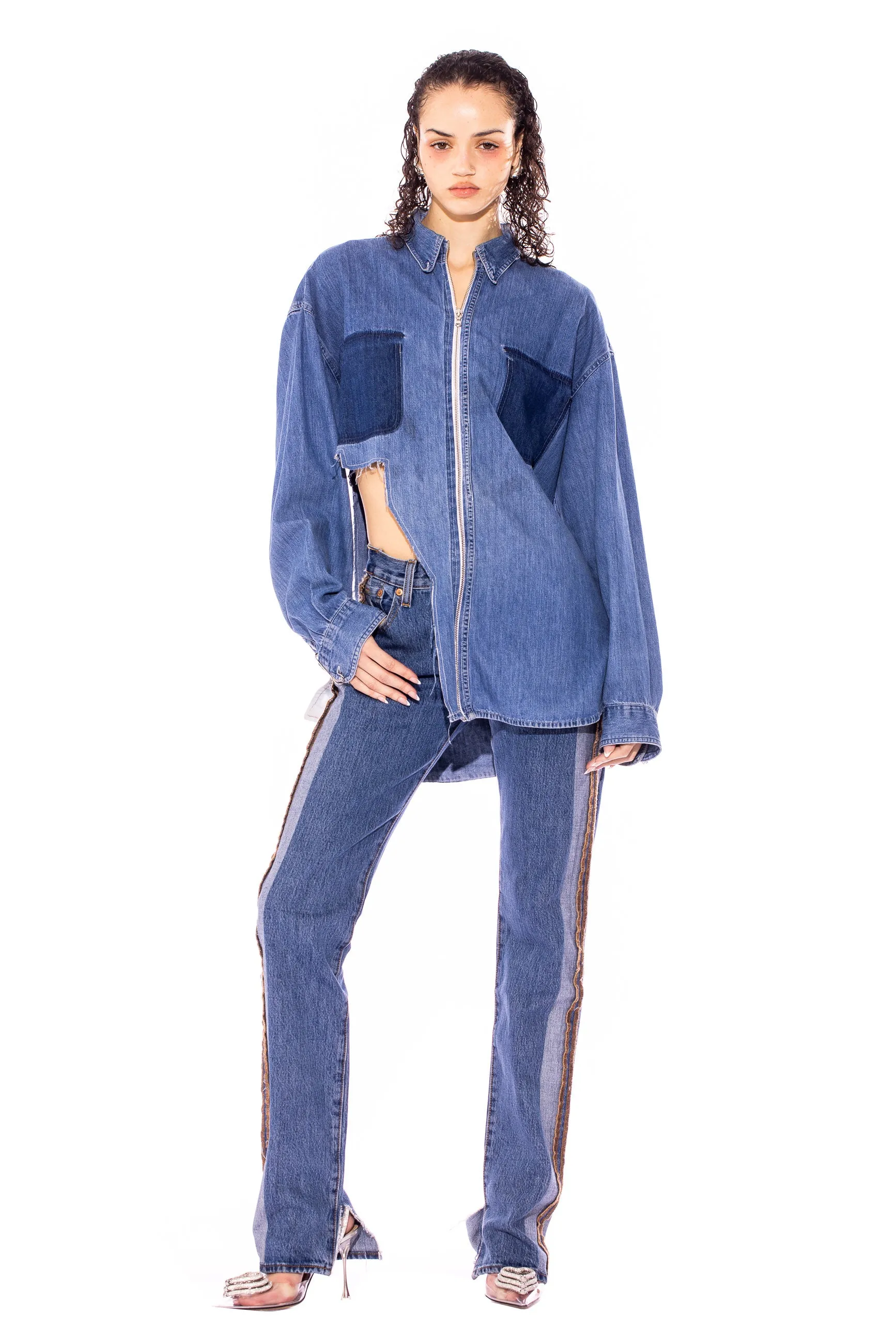 RAW ZIP-UP COLLARED SHIRT IN VINTAGE DENIM
