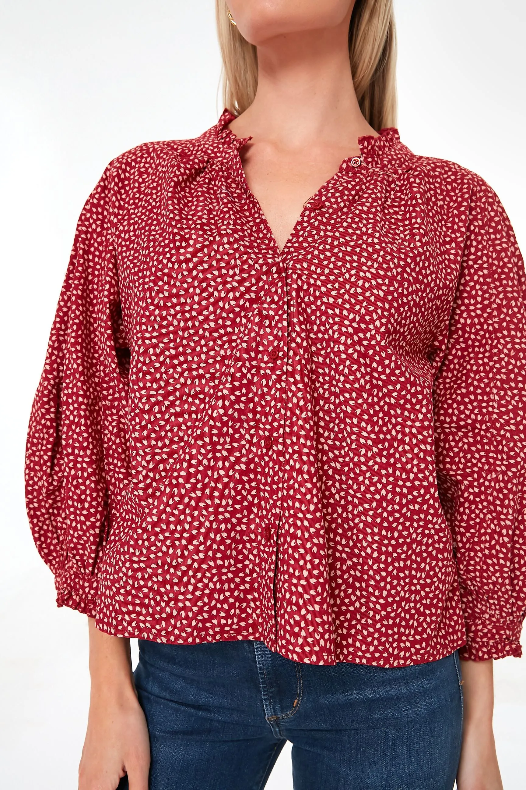 Red Laurel Leaf Print Boutonniere Top
