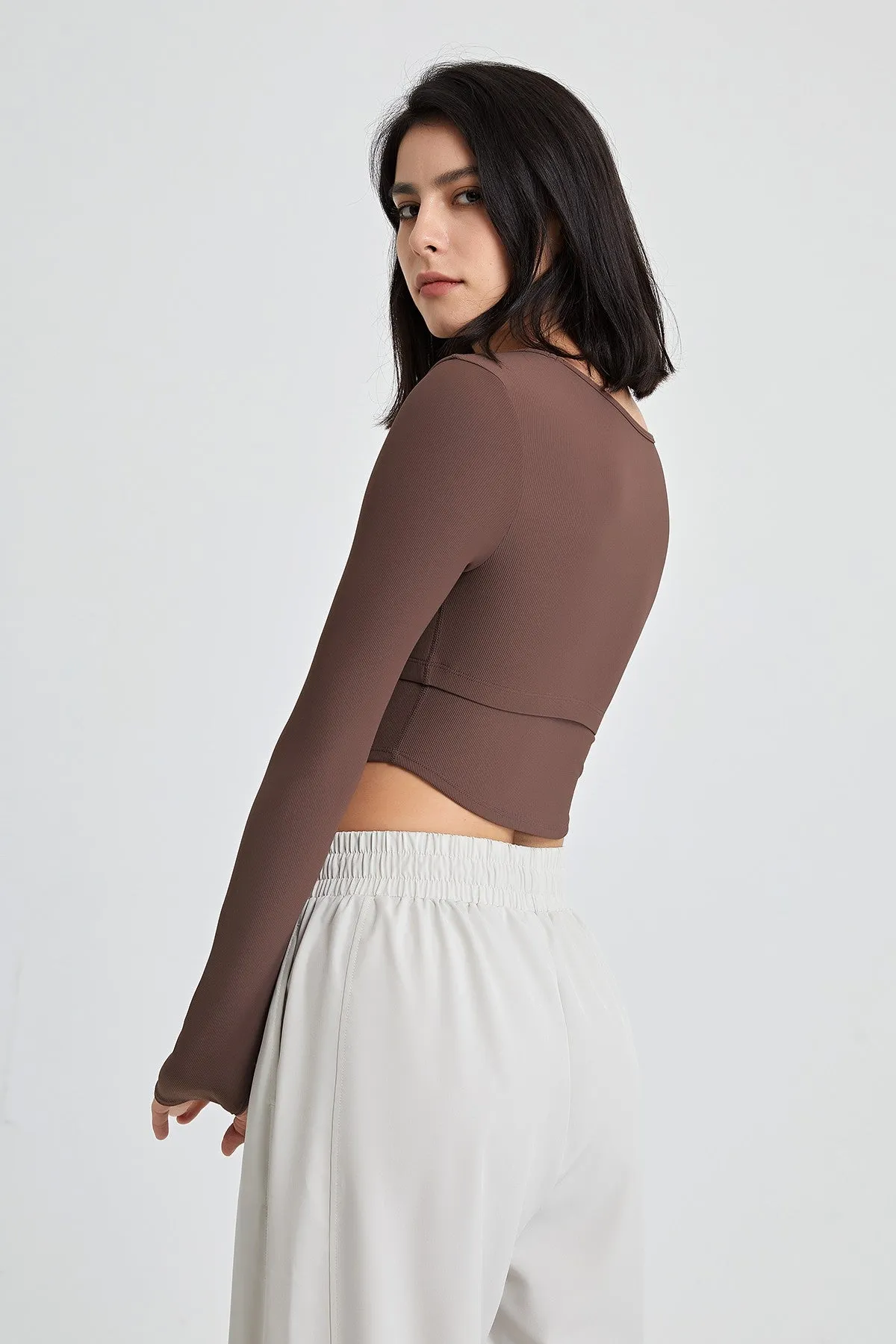 Ribbed Long Sleeve Crop Shirts with Built In Bra
