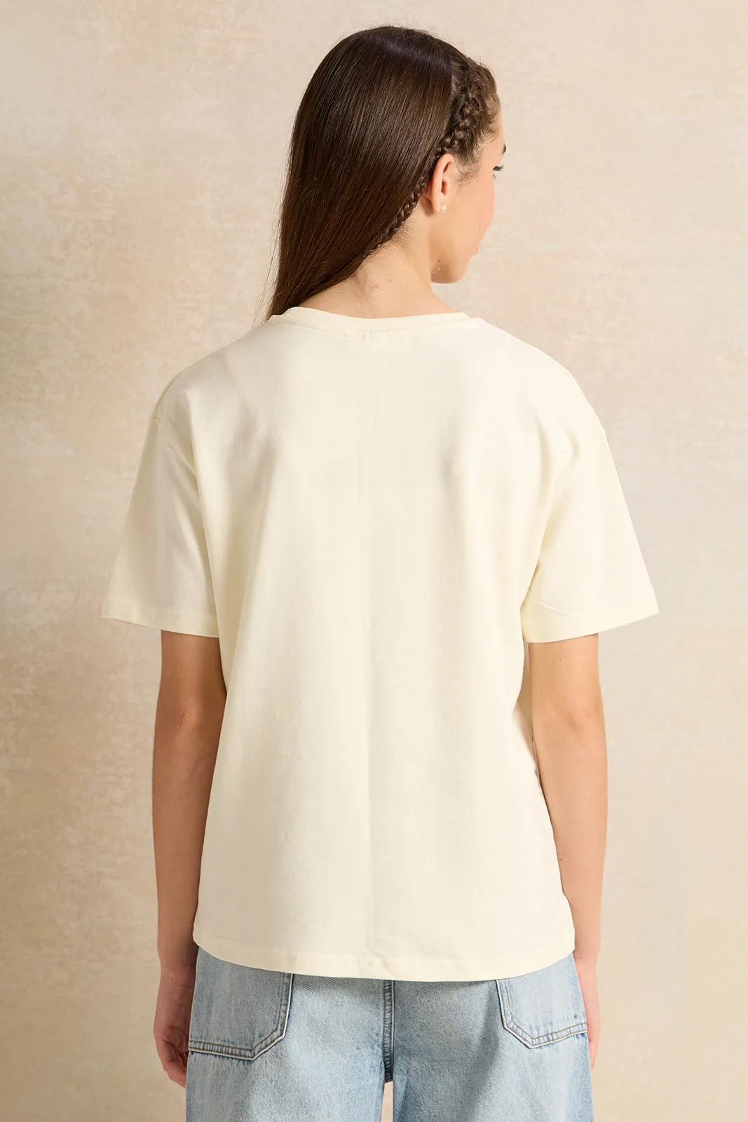 Senior Girls Cream Printed T-Shirt