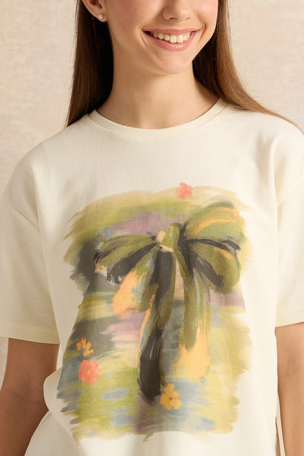 Senior Girls Cream Printed T-Shirt