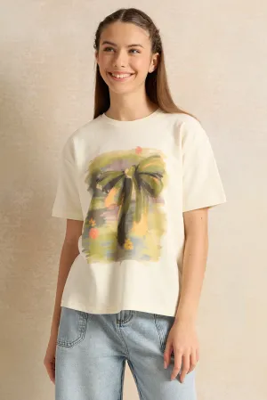 Senior Girls Cream Printed T-Shirt