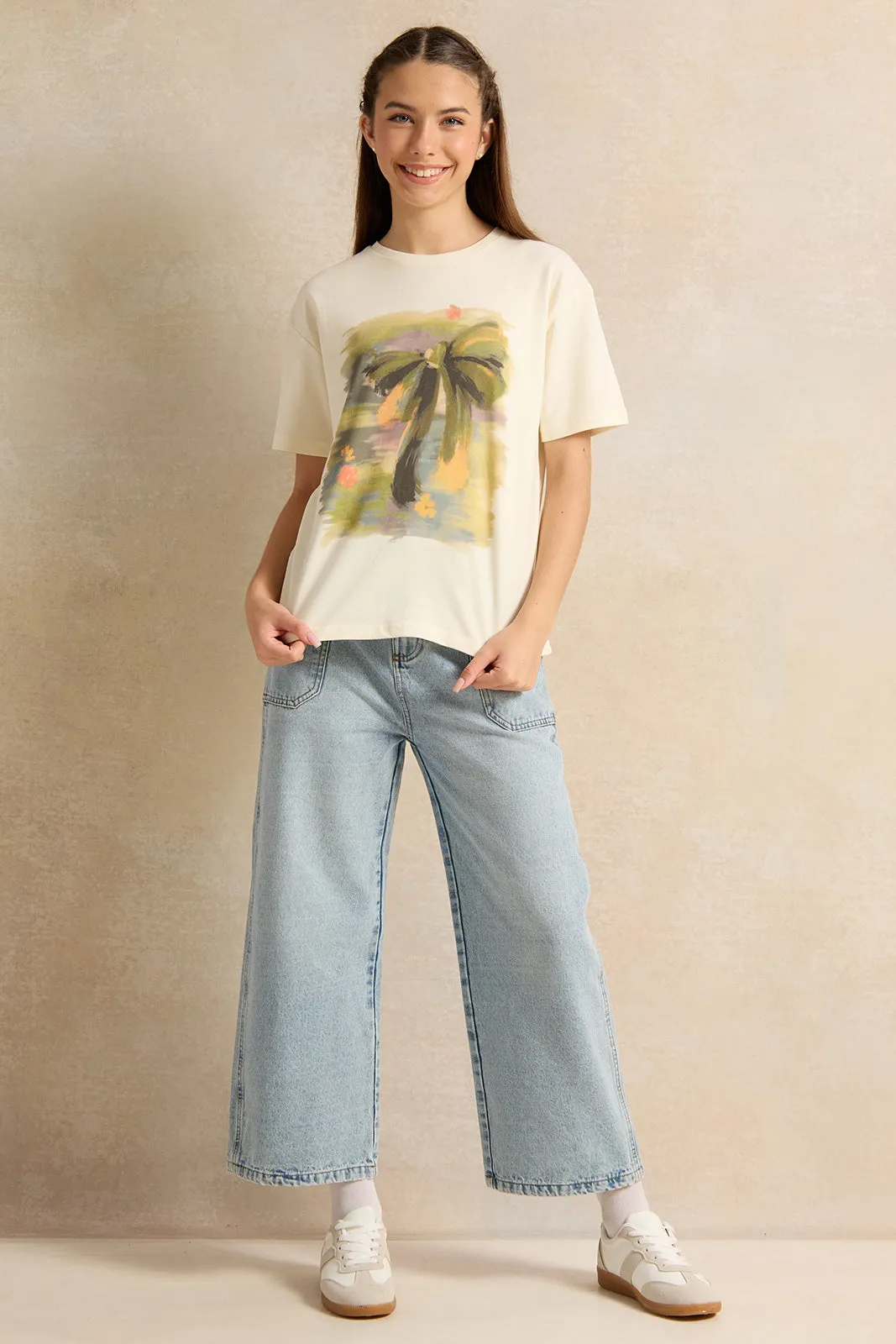 Senior Girls Cream Printed T-Shirt