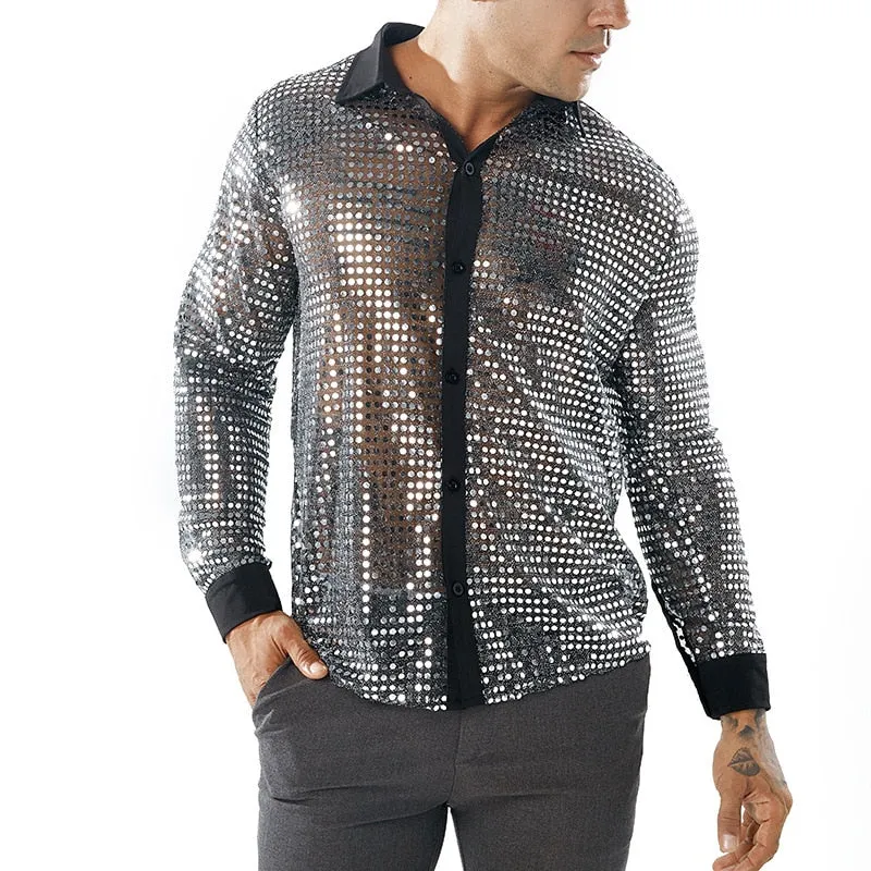 Sparkle Blink Dot Transparent Nightclub Style Men Shirts