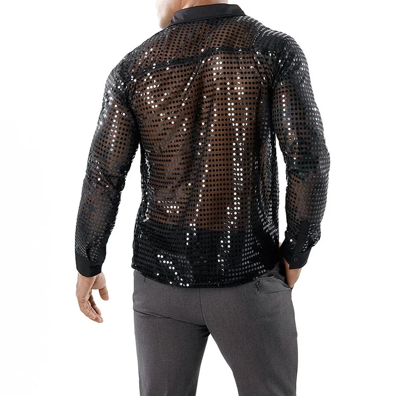 Sparkle Blink Dot Transparent Nightclub Style Men Shirts