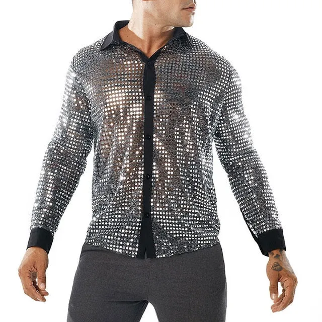 Sparkle Blink Dot Transparent Nightclub Style Men Shirts