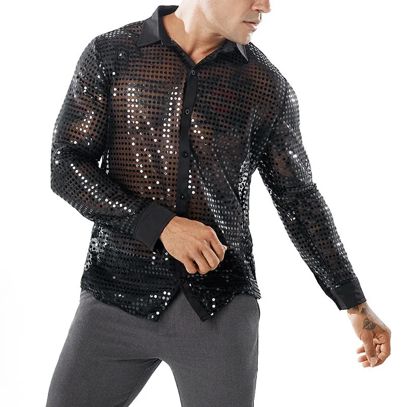 Sparkle Blink Dot Transparent Nightclub Style Men Shirts