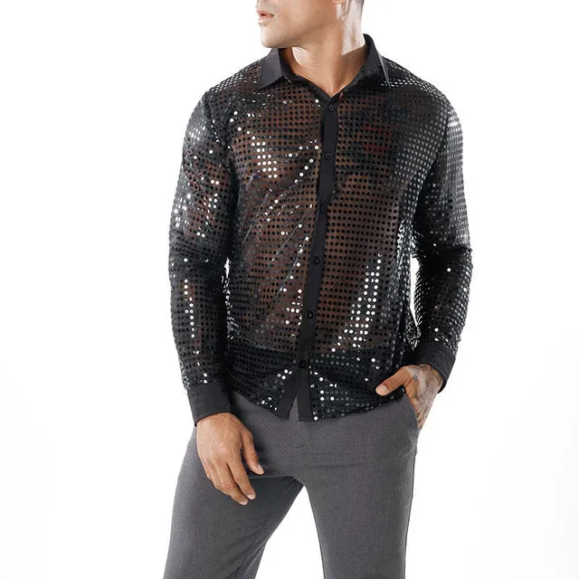 Sparkle Blink Dot Transparent Nightclub Style Men Shirts