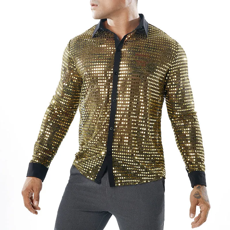 Sparkle Blink Dot Transparent Nightclub Style Men Shirts