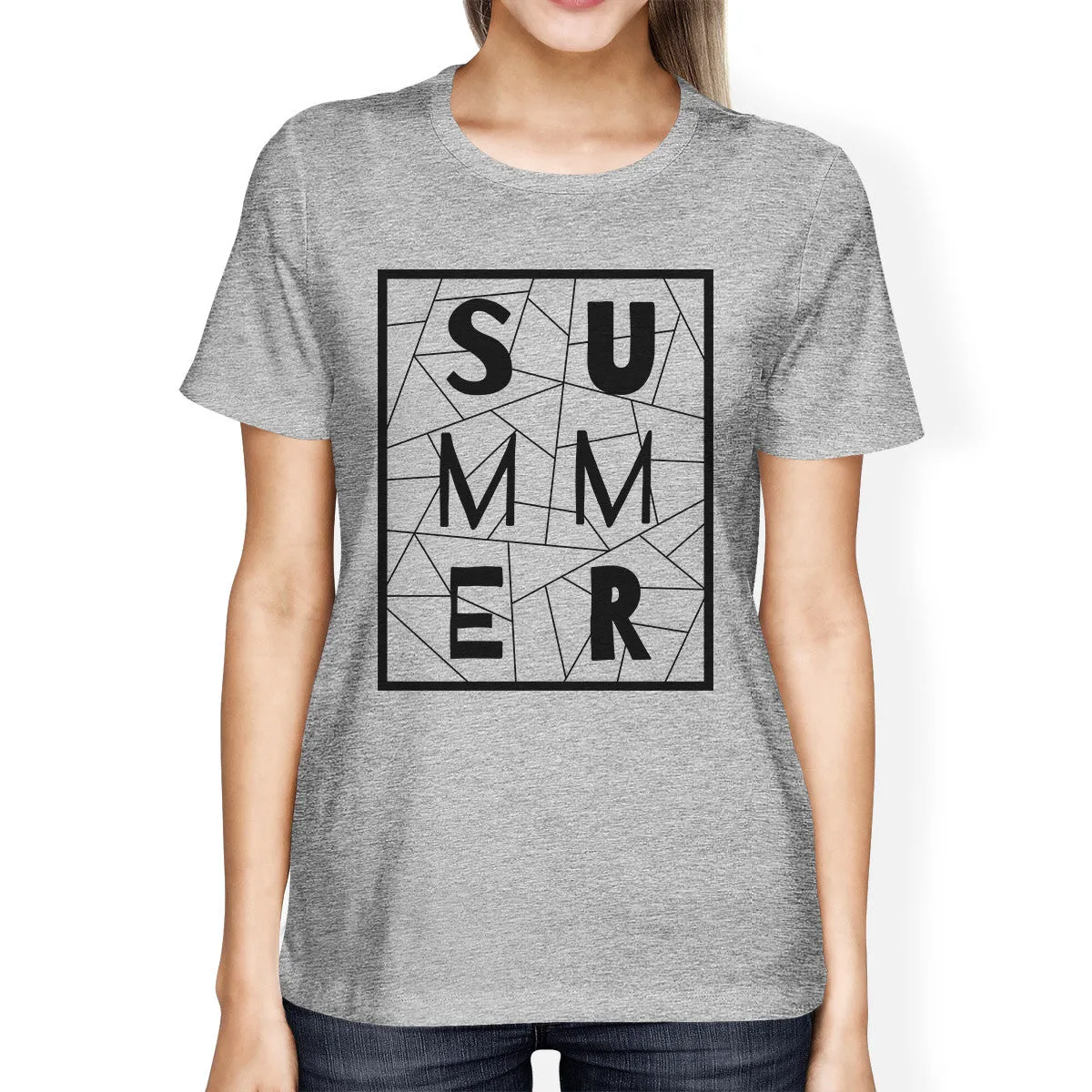 Summer Geometric Lettering Womens Gray Tshirt Cotton Trendy Design