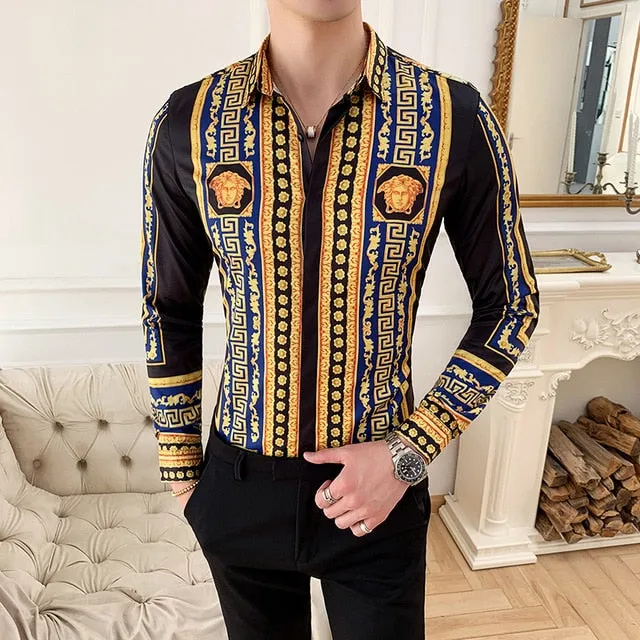 Two Gold Tile Flower Style Men Long Sleeve Shirt